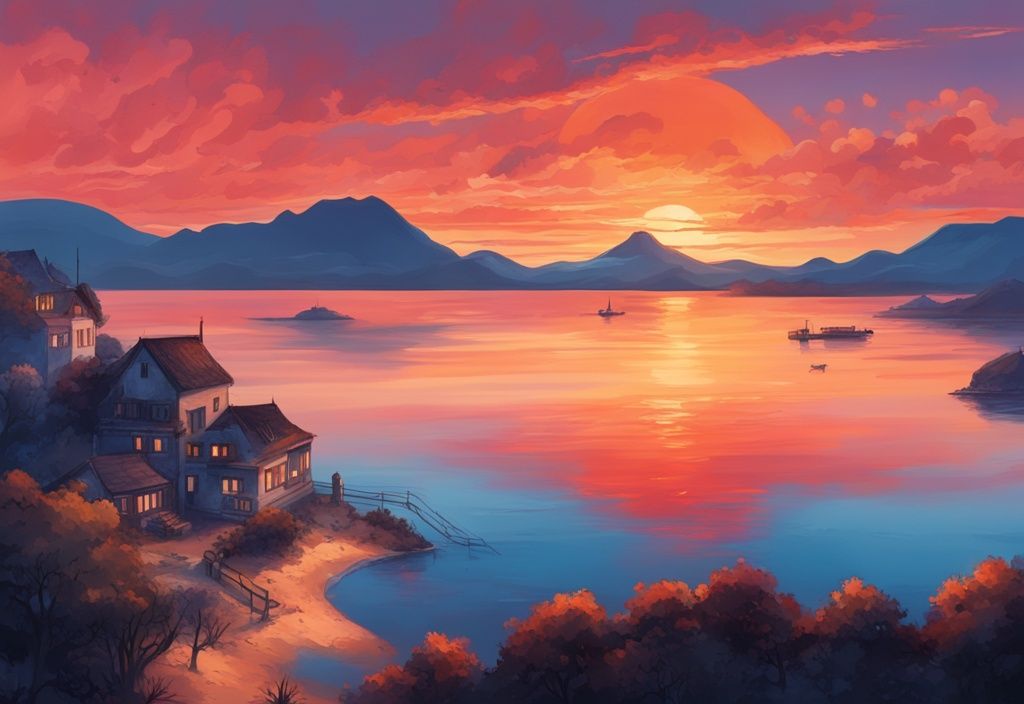 Realistische Illustration eines lebhaften Sonnenuntergangs über der Insel Föhr, mit dem Thema "Föhr on Fire", das sich im ruhigen blauen Meer widerspiegelt.