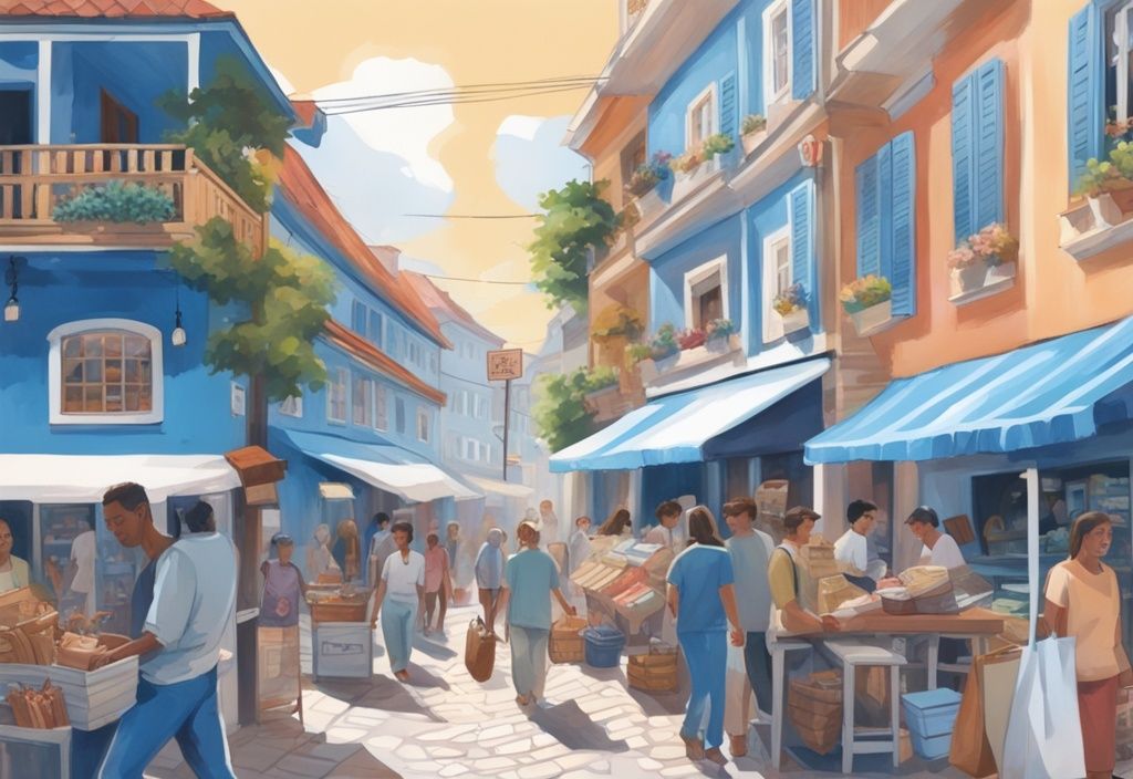 Realistische Illustration einer belebten Einkaufsstraße auf Föhr, mit Menschen, die durch lokale Geschäfte stöbern, Taschen tragen und die einzigartige Inselatmosphäre genießen, Hauptfarbthema Blau.