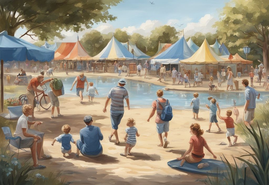 Realistische Illustration von Familien, die Outdoor-Aktivitäten im malerischen Adventureland Amrum genießen, Hauptfarbthema Blau.