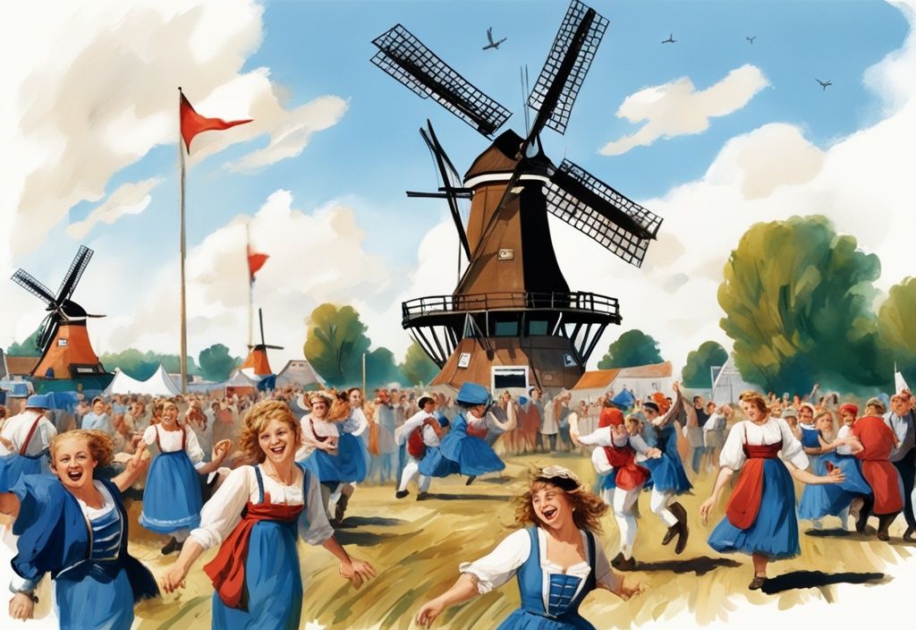 Realistische Illustration einer lebhaften Szene auf einem traditionellen friesischen Festival mit Menschen in regionaler Tracht beim Fierljeppen, umgeben von einer typischen friesischen Landschaft mit Windmühlen und Kanälen; Friesische Traditionen im Vordergrund.