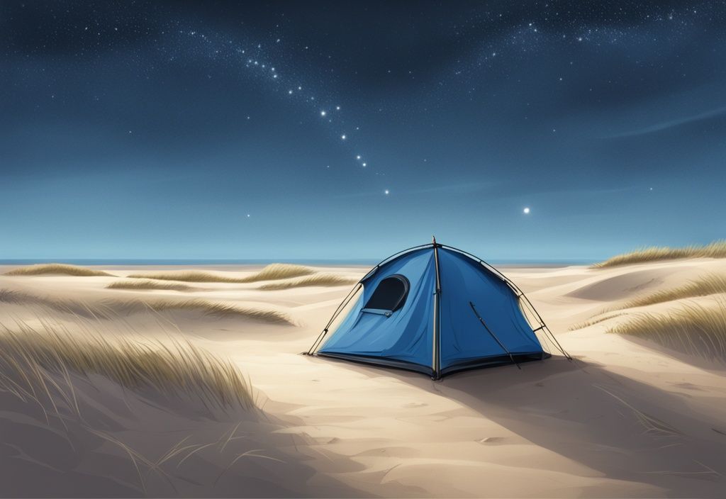 Dünencamping Amrum: Realistische Illustration eines Zeltes zwischen den sanften Sanddünen von Amrum unter einem sternenklaren Himmel in blauer Farbstimmung.