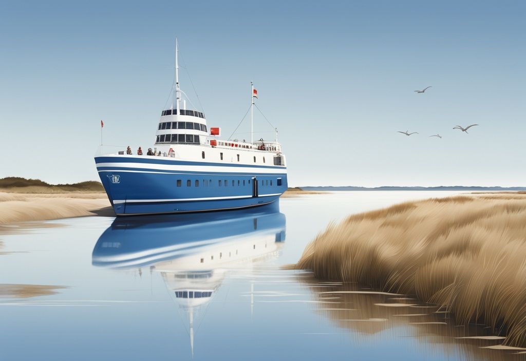 Realistische Illustration der Fähre Dagebüll Amrum auf ruhigem Wasser unter klarem Himmel, mit Küstenlinie im Hintergrund, Hauptfarbthema Blau.