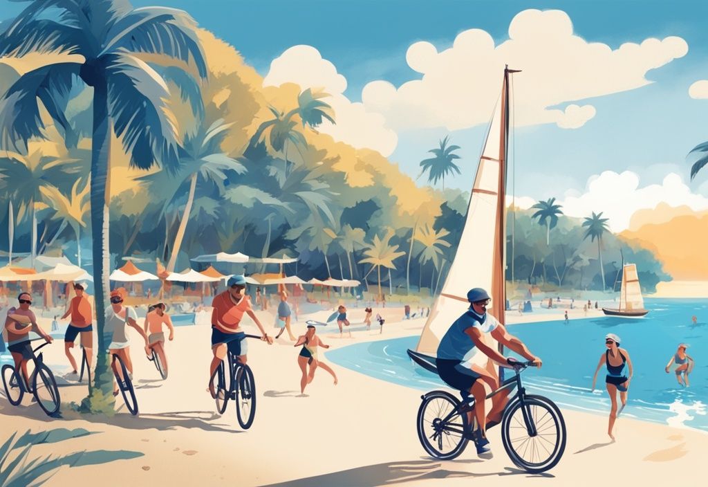 Realistische Illustration auf der Insel Föhr mit blauem Farbschema: Menschen beim Radfahren, Beachvolleyball und Segeln.