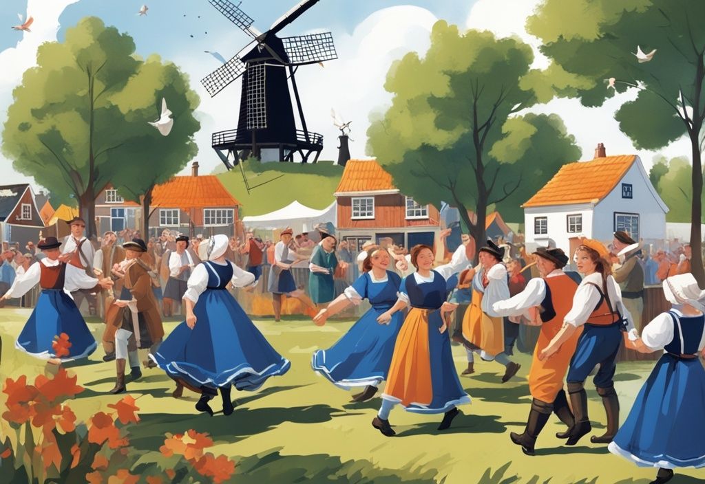 Realistische Illustration eines lebhaften Szenenbildes bei einem traditionellen friesischen Festival mit Menschen in regionalen Trachten beim Fierljeppen, umgeben von typischer friesischer Landschaft mit Windmühlen und Kanälen, die Friesische Traditionen hervorheben.