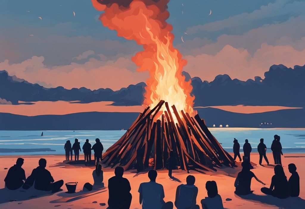 Biikebrennen auf Föhr: Realistische Illustration eines großen Lagerfeuers am Strand der Insel Föhr, umgeben von Silhouetten von Menschen vor einem blauen Abendhimmel.