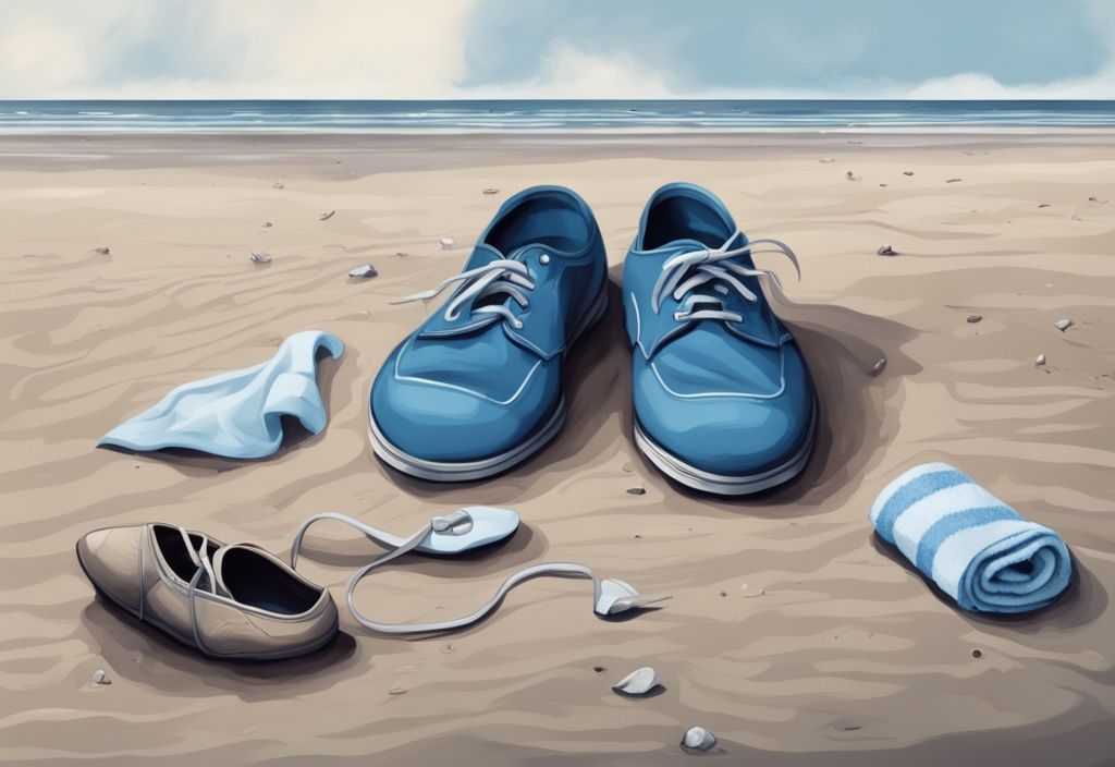 Realistische Illustration eines düsteren Strandabschnitts auf Amrum mit leeren Schuhen und einem weggeworfenen Handtuch, das auf ein tragisches Ereignis hinweist, Frau auf Amrum ertrunken.