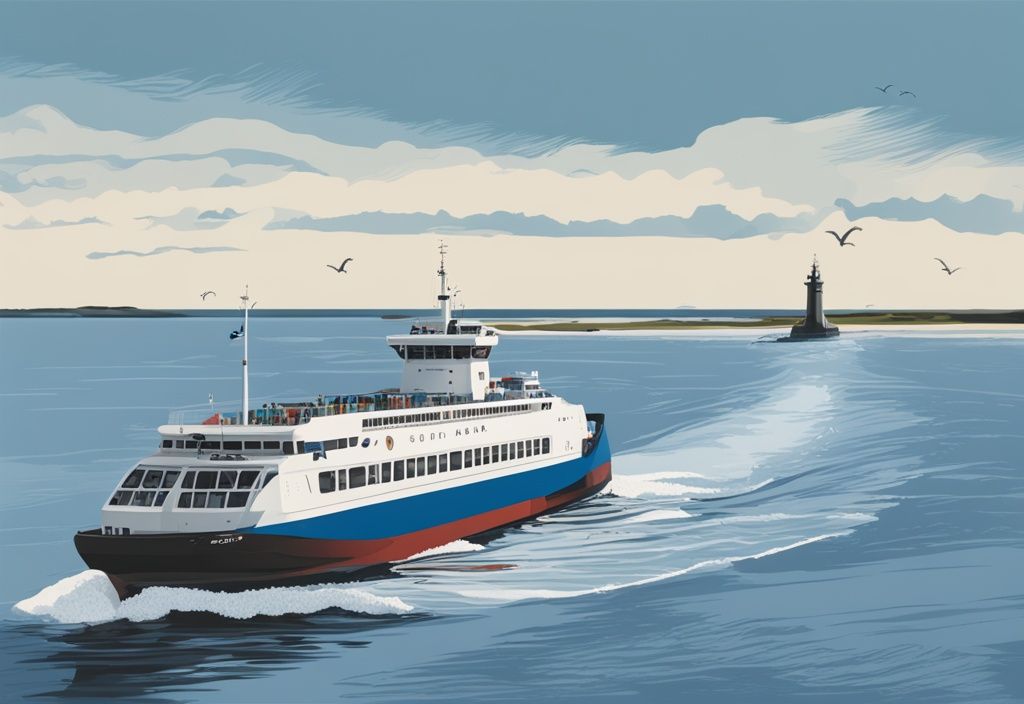 Realistische Illustration einer Fähre, die vom Hafen Dagebüll abfährt, mit der Insel Amrum im Hintergrund, Hauptfarbthema Blau.