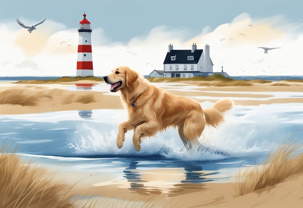 Realistische Illustration eines fröhlichen Golden Retrievers, der im flachen Wasser der Nordsee planscht, mit dem ikonischen Leuchtturm und der Dünenlandschaft von Amrum im Hintergrund, Hauptfarbthema Blau.