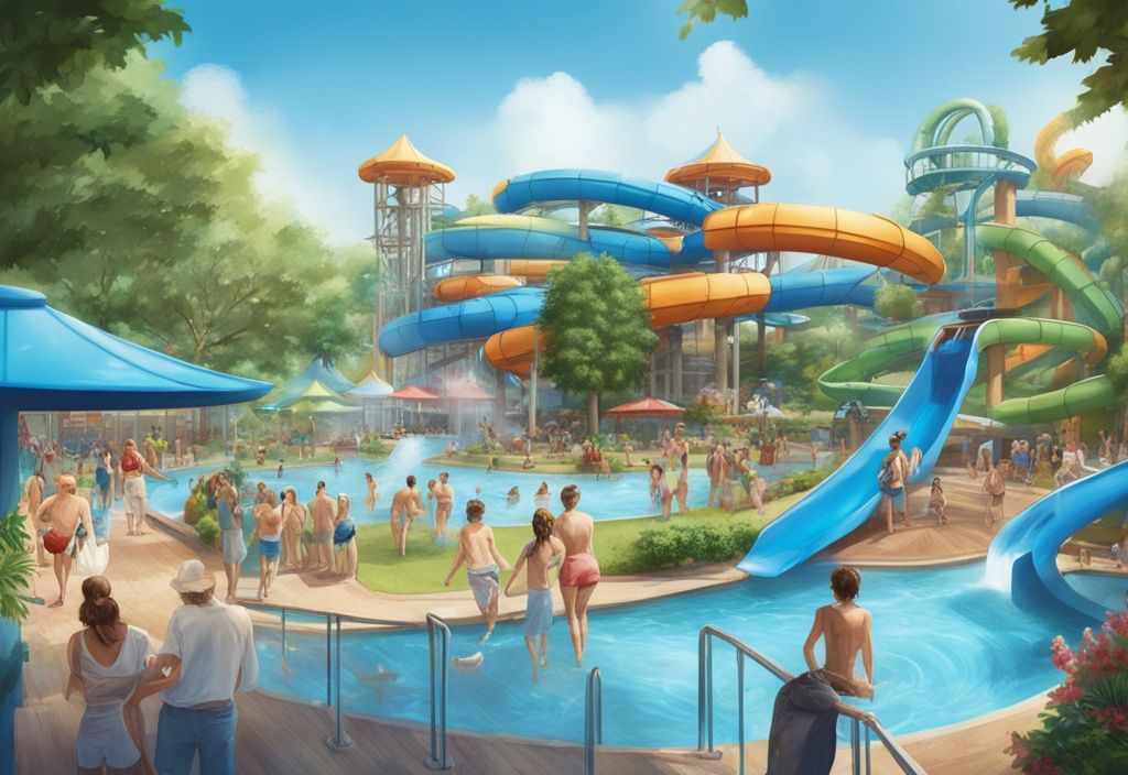 Realistische Illustration des AquaFöhr Wasserparks in Blau, mit aufregenden Wasserrutschen, entspannenden Pools und grüner Umgebung voller glücklicher Besucher.