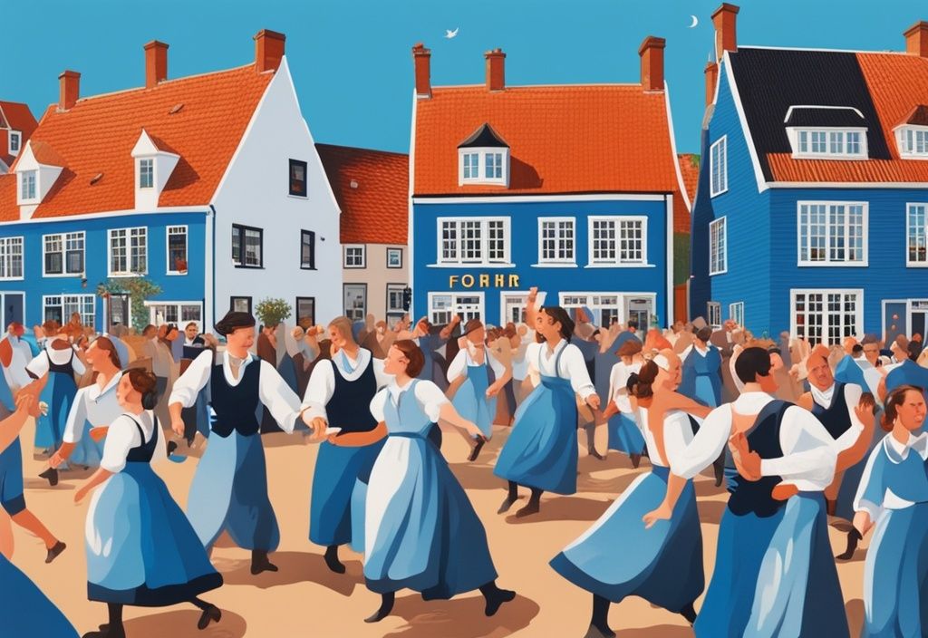 Realistische Illustration von Menschen bei traditionellen Tänzen auf der Insel Föhr, mit ikonischen Friesenhäusern im Hintergrund, Hauptfarbthema Blau.