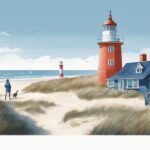 Realistische Illustration mit blauem Farbschema, auf der ein Einheimischer auf Amrum Geheimtipps wie einen abgelegenen Strand, ein einzigartiges Restaurant und einen charmanten Leuchtturm zeigt.