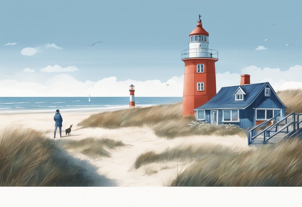 Realistische Illustration mit blauem Farbschema, auf der ein Einheimischer auf Amrum Geheimtipps wie einen abgelegenen Strand, ein einzigartiges Restaurant und einen charmanten Leuchtturm zeigt.