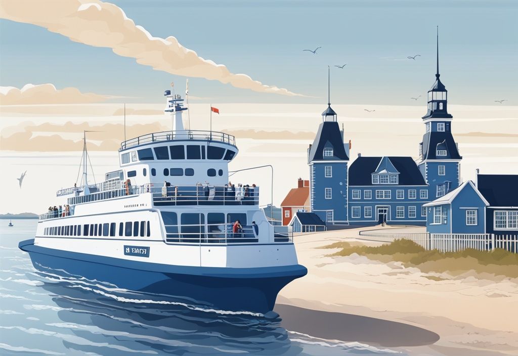 Realistische Illustration einer Fähre auf dem Weg zur schönen Insel Amrum, mit blauem Farbthema, ruhigem Ozean und malerischem Himmel.