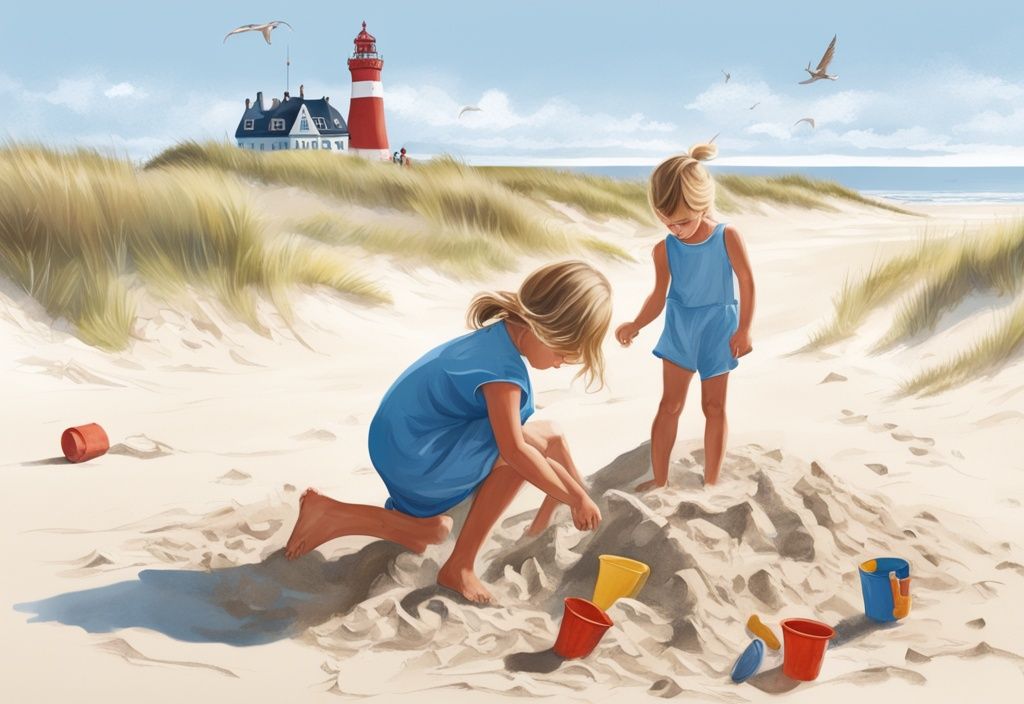 Kinder bauen Sandburgen am Strand von Amrum mit Kindern, im Hintergrund der ikonische Leuchtturm, blaues Farbschema.