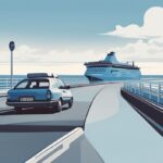 Realistische Illustration einer Fähre nach Amrum mit Auto, im Vordergrund ein Auto beim Boarding, im Hintergrund die malerische Insel Amrum, Hauptfarbthema Blau.