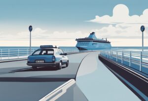 Realistische Illustration einer Fähre nach Amrum mit Auto, im Vordergrund ein Auto beim Boarding, im Hintergrund die malerische Insel Amrum, Hauptfarbthema Blau.