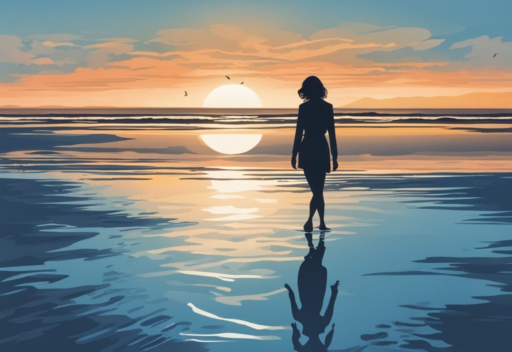 Realistische Illustration eines melancholischen Strandszene auf Amrum, mit einer Silhouette einer Frau, die im Wasser treibt, während die Sonne im Hintergrund untergeht, Hauptfarbthema Blau.