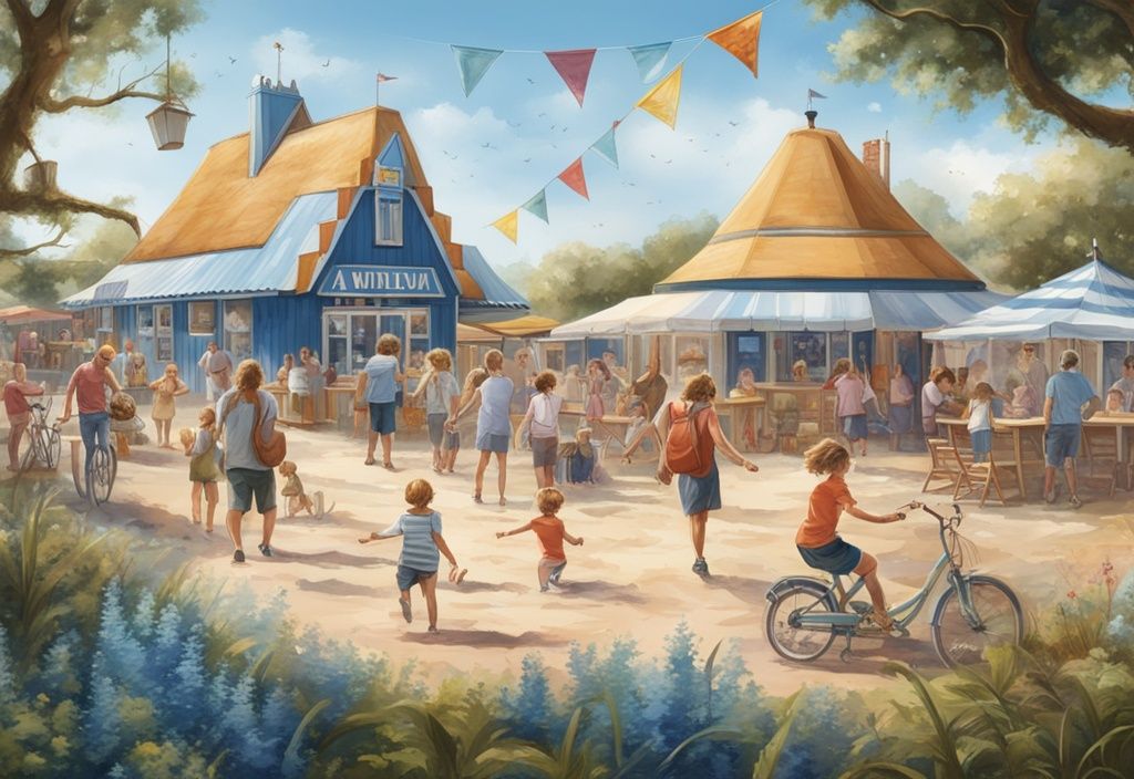 Realistische Illustration mit blauem Farbthema: Familien genießen Outdoor-Aktivitäten in der malerischen Kulisse von Adventureland Amrum.