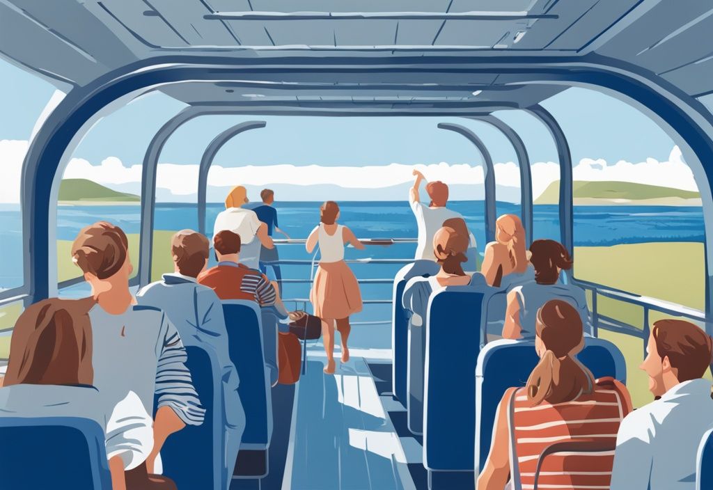 Touristen auf einer Fähre mit der Insel Sylt im Hintergrund, blaue Farbtöne dominieren die realistische Illustration.