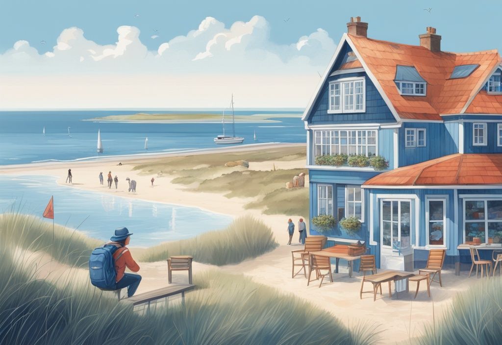 Realistische Illustration in Blautönen, ein Einheimischer zeigt auf versteckte Schätze von Amrum wie einen ruhigen Strand, ein charmantes Café und einen malerischen Wanderweg.