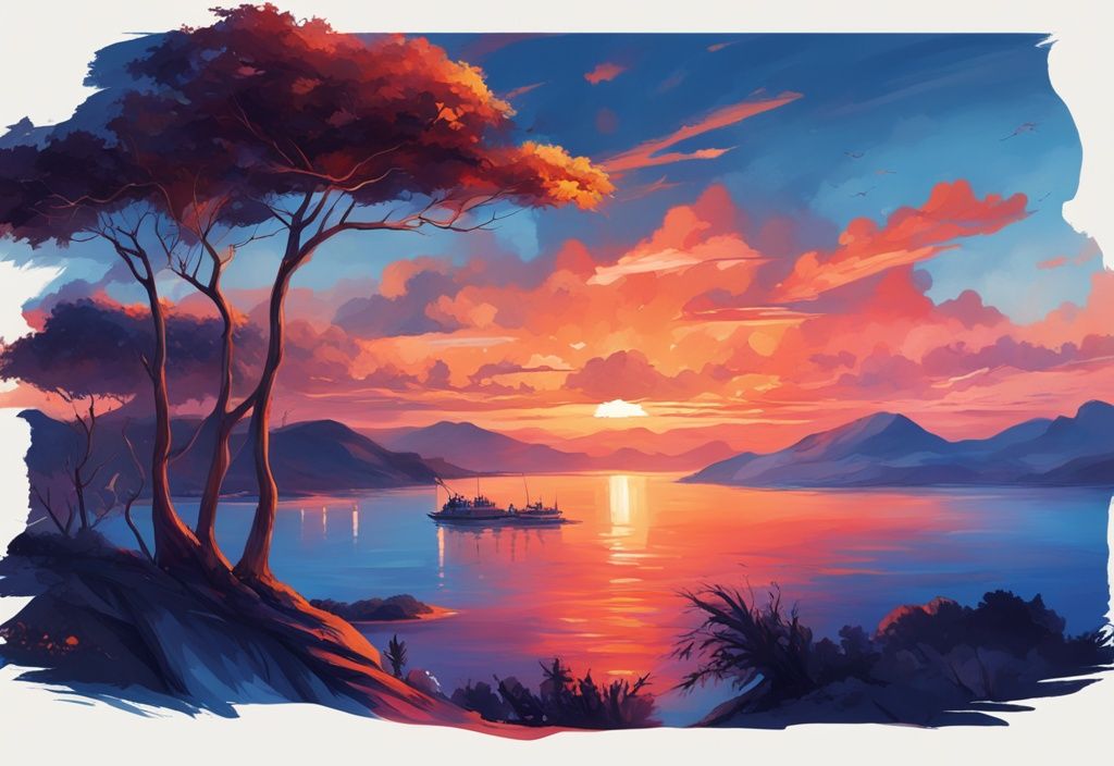 Realistische Illustration eines Sonnenuntergangs auf der Insel Föhr, mit blauen und feurigen Farbtönen, die den Himmel und das ruhige Meer erleuchten.