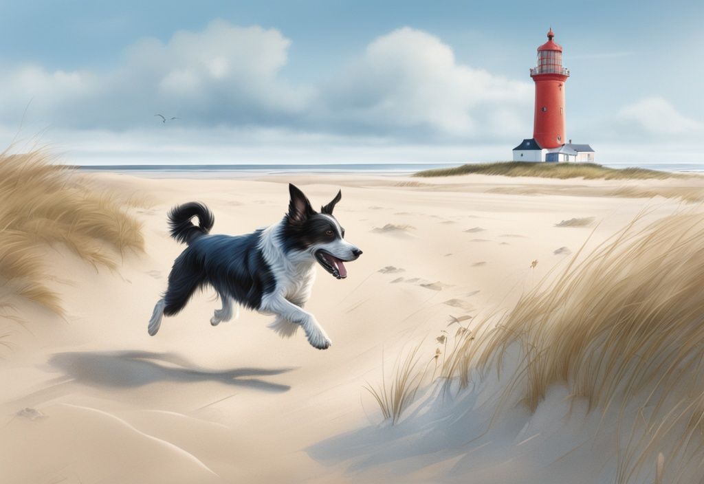 Spielender Hund am Strand von Amrum mit dem ikonischen Leuchtturm im Hintergrund.