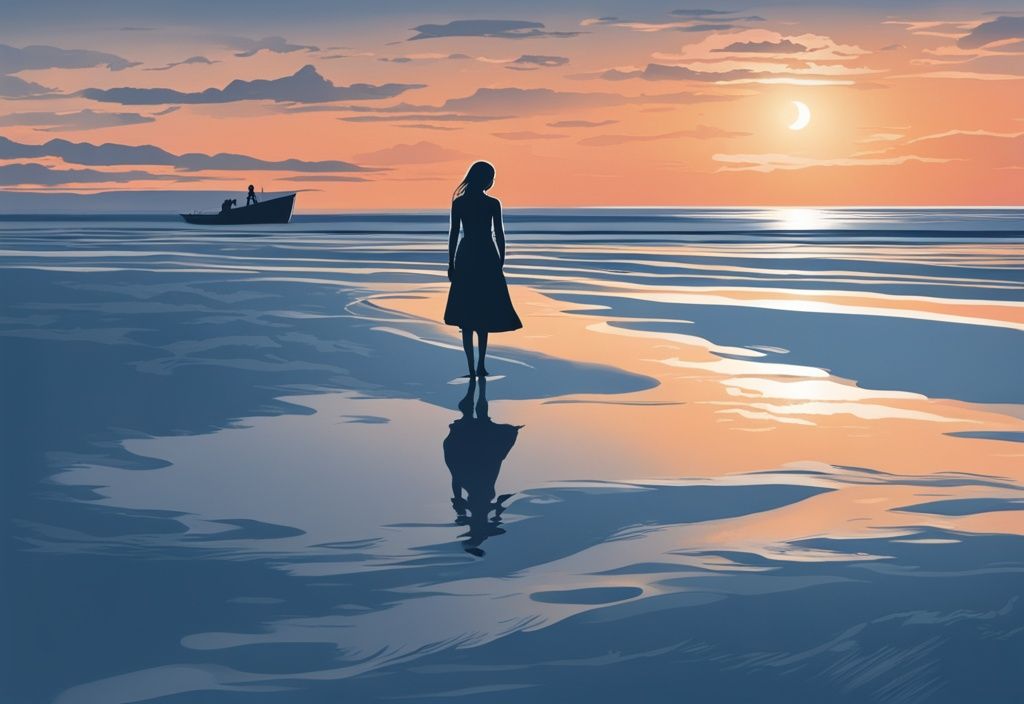 Realistische Illustration eines Strandabschnitts auf Amrum bei Sonnenuntergang, mit einer Silhouette einer Frau, die im Wasser treibt; Hauptfarbton Blau.