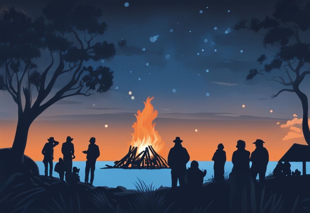 Realistische Illustration eines großen Biikebrennens auf der Insel Föhr bei Nacht, beleuchtet von einem blauen Farbschema, mit Silhouetten von Einheimischen, die das traditionelle Fest feiern.