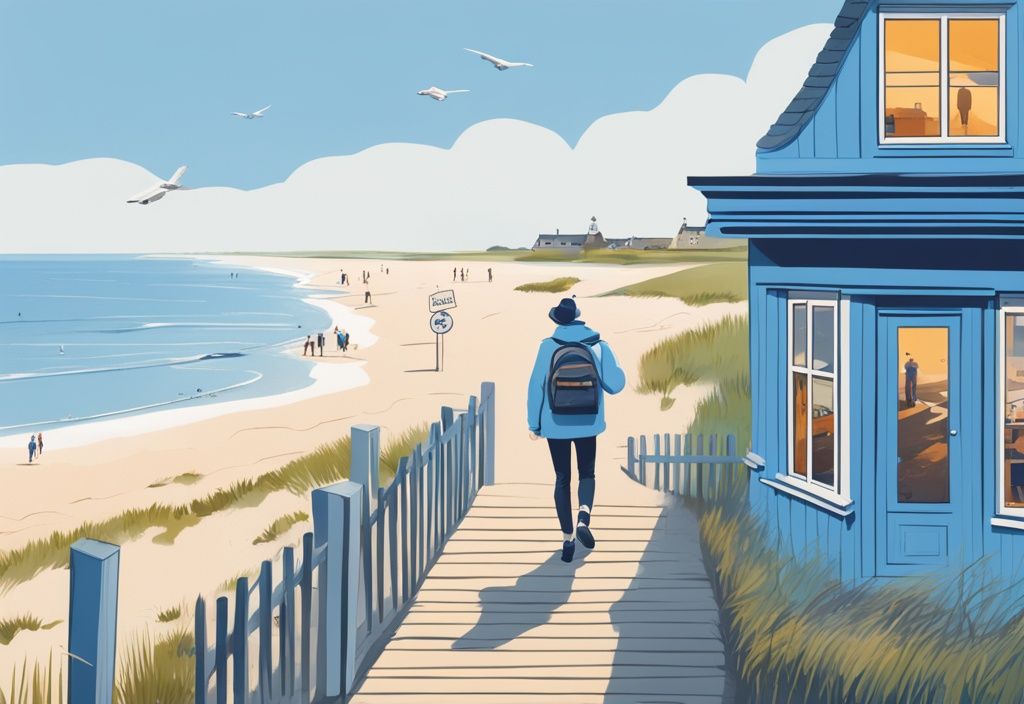 Realistische Illustration in Blau mit einem Einheimischen, der auf versteckte Schätze von Amrum zeigt: ruhiger Strand, charmantes Café und malerischer Wanderweg.