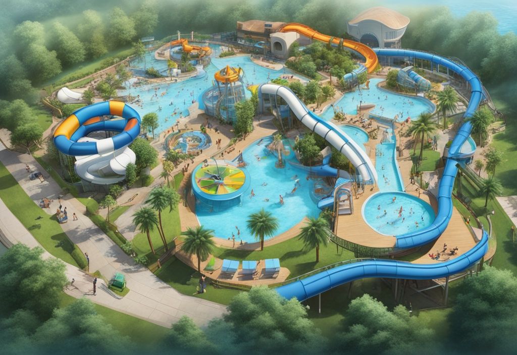 Realistische Illustration des AquaFöhr Wasserparks in Blau, mit aufregenden Wasserrutschen, entspannenden Pools und üppigem Grün, voller glücklicher Besucher.