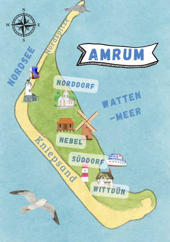 Eine Zeichnung der Insel Amrum mit den wichtigsten Orten.