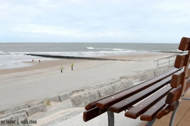 Eine Bank am Strand in der Nähe vom Cafe Weiße Dühne auf Norderney.